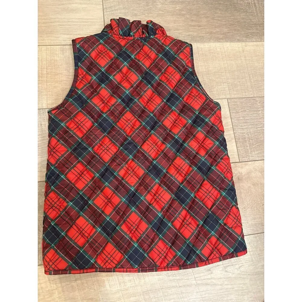 Red Christmas Plaid Quilted Kids Vest Ruffle Neckline & Gold Buttons Crown & Ivy
